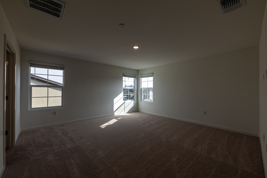 A room with a carpet and windows.