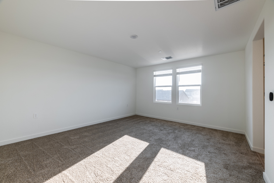 A room with a rug and windows.