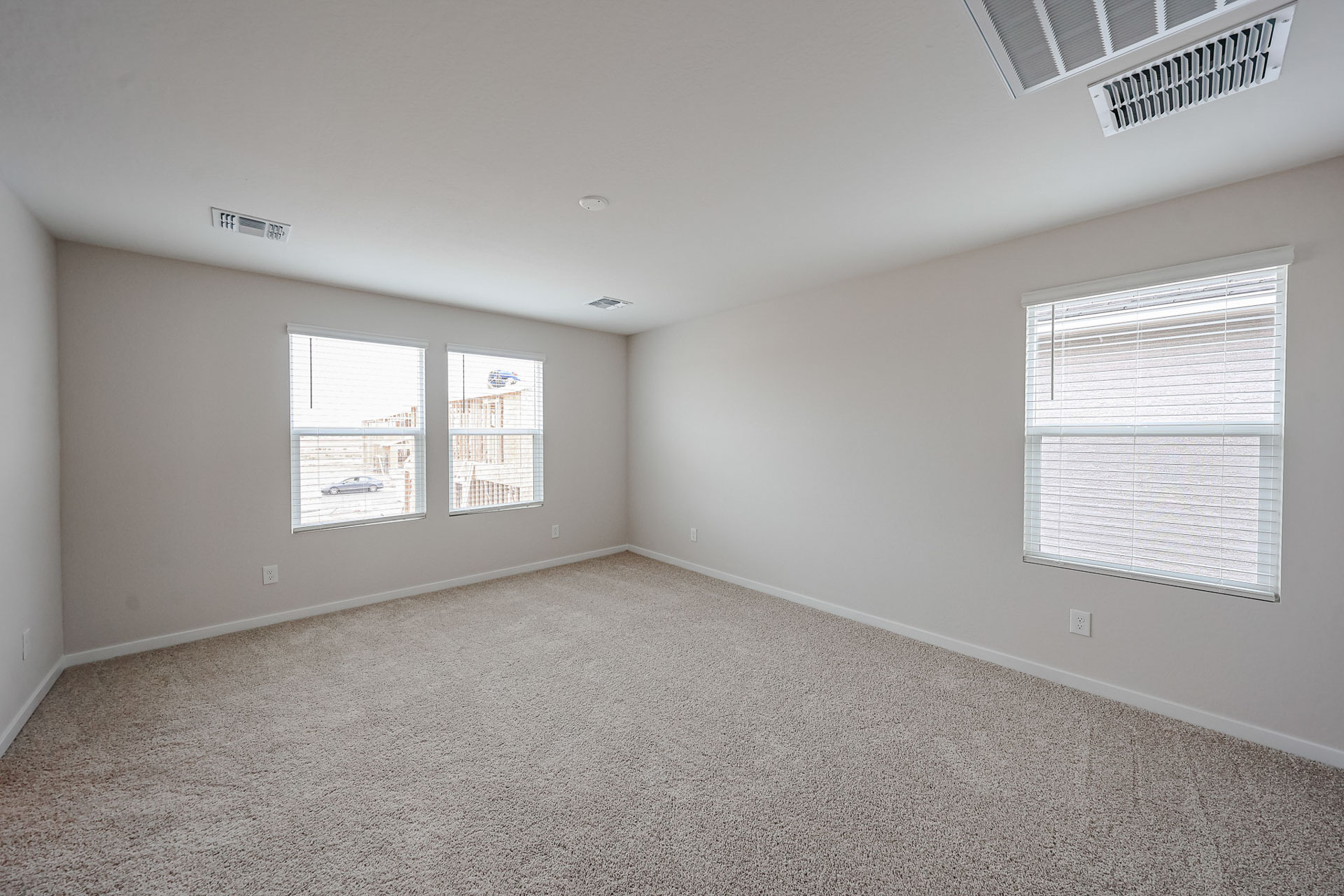 A room with a carpet and windows.