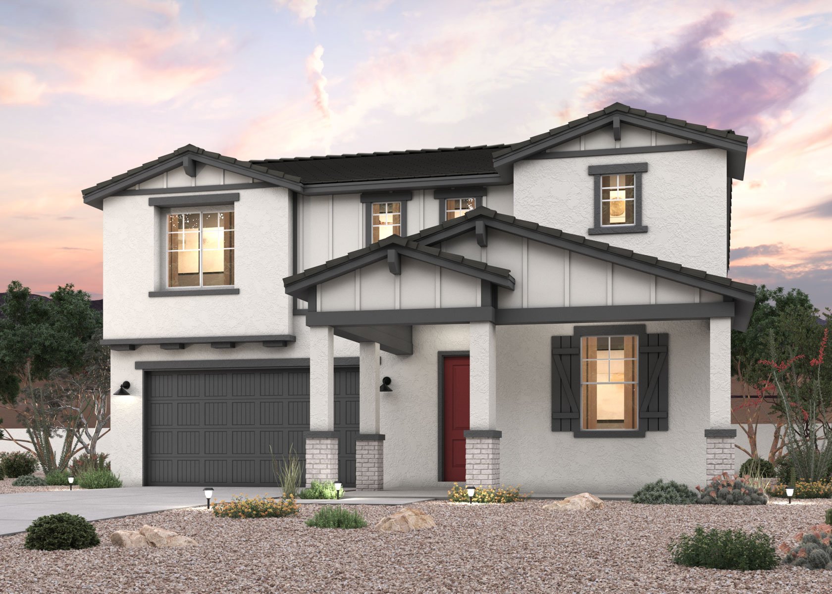 Twilight rendering of the front of a 2-Story home with 2 car garage in Surprise, AZ