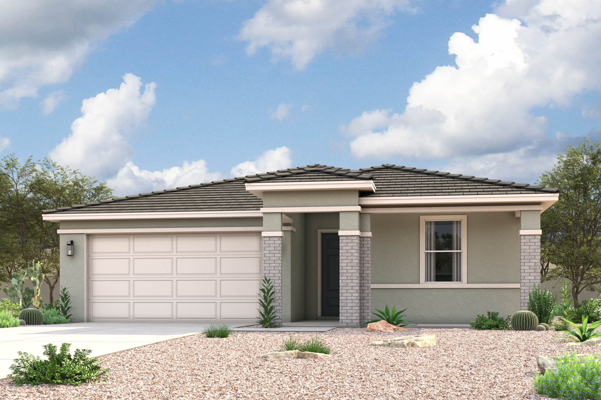 New Home modern prairie exterior elevation rendering of single-story 4-bedroom 3-bathroom floor plan with an additional ensuite bedroom with full bath in addition to the primary suite in Florence AZ Near Queen Creek USDA Loan VA Loan Eligible Near Hunt Highway with community Pool, Gym and more!