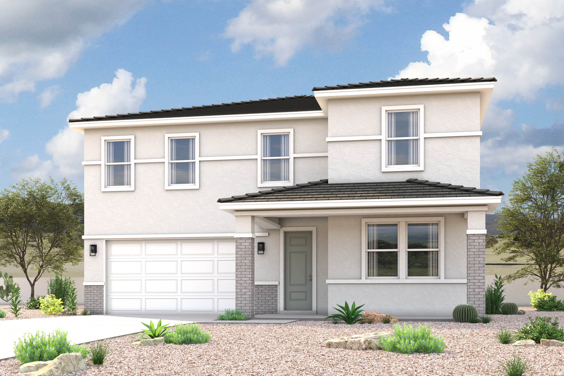 New Home modern prairie exterior elevation rendering of 2-story 4-bedroom 3-bathroom floor plan with an additional loft upstairs and study downstairs in Florence AZ Near Queen Creek USDA Loan VA Loan Eligible Near Hunt Highway with community Pool, Gym and more!