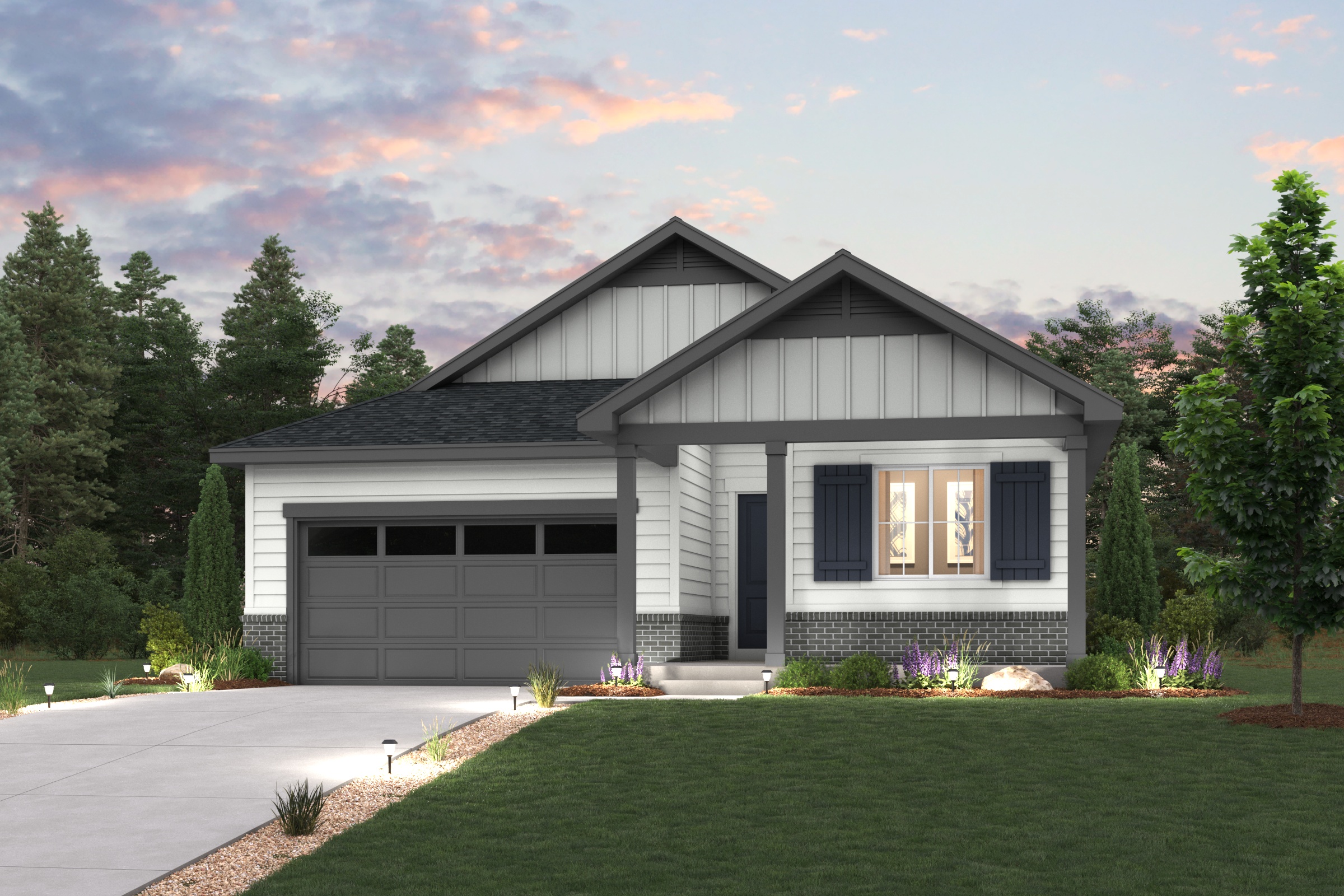 A house with a driveway and a lawn with trees in the back. Cumberland home rendering image with landscaping and driveway Elevation A 