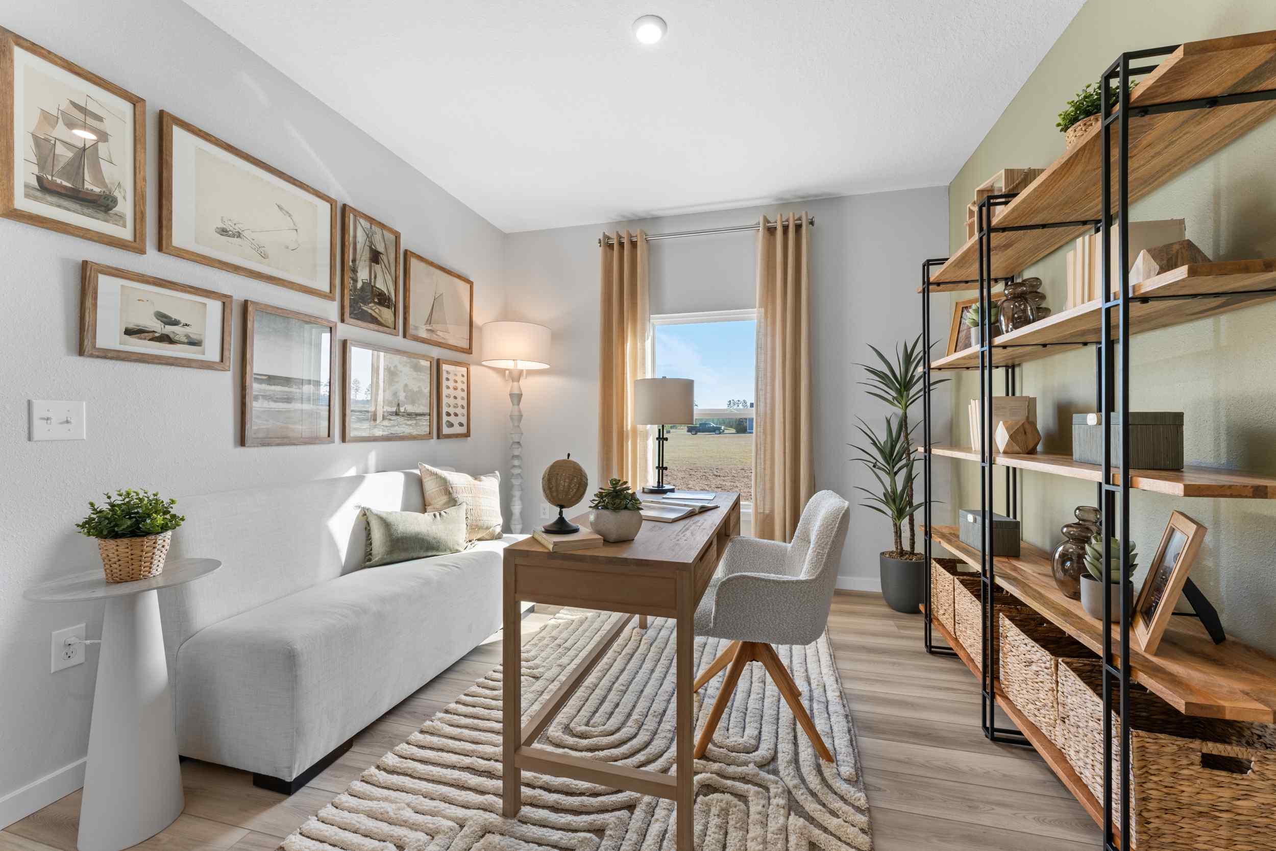 A room with a bed and a table.