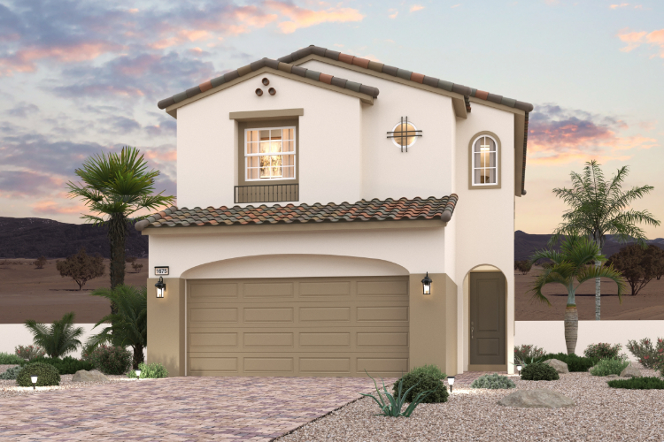 A house with a garage and palm trees.