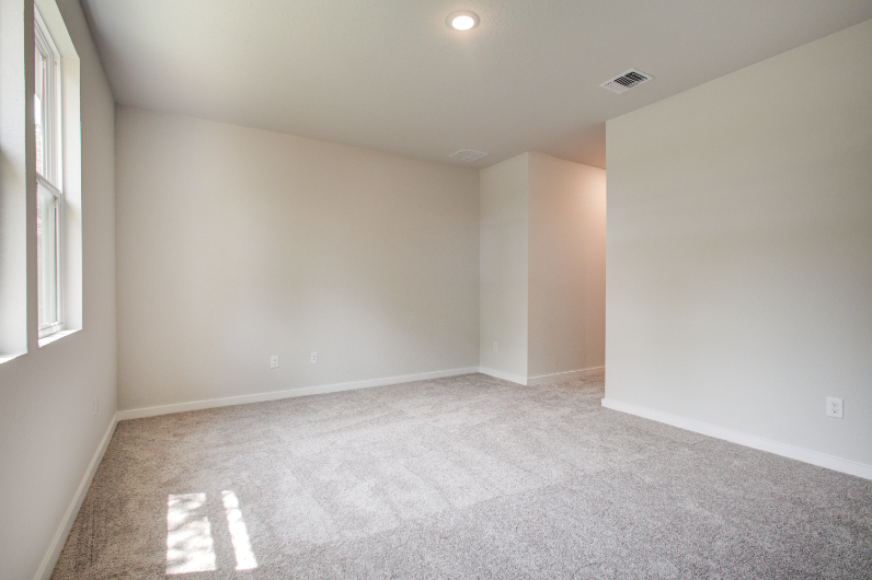 A room with a carpet and a window.