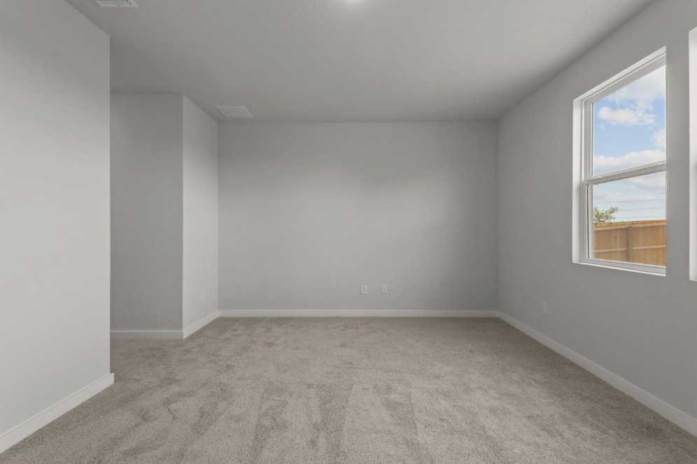 A room with a carpet and a window.